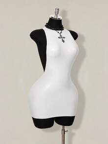SHEIN ICON 2026 New Arrive Women's Y2k White Solid Color Backless Sleeveless Bodycon Mini Dress,Spring/Summer Open Back ,Summer - White - View 8