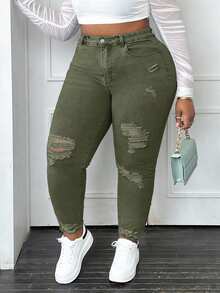 CurvyTilda Plus Size Women's Ripped Skinny Jeans, For Hourglass Body Shape - Army Green - View 3