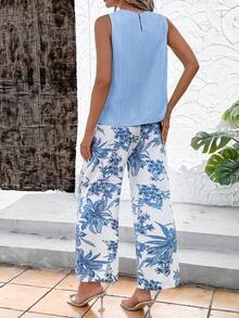 SHEIN Clasi Women's Crew Neck Sleeveless Loose Pleated Blue Floral Print Wide Leg Pants, Elegant Casual Outfit For Outings And Vacation, Spring/Summer Two Pieces Women Sets Summer Women's Summer Sets 2 Pc Summer Outfits Ladies Casual Sets Summer Outfit For Women Vacation Outfits Women, Holiday Outfitssummer Outfits, Spring Outfit, Beach Outfit, Festival Outfits, Vacation Outfits, Office Outfits, Country Outfit Women / For Women Elegant Dress, Elegant Party Dress, Elegant Blouse, Casual Classy Casual Dress, Casual Blouse, Casual Sets, Casual Long Dresses Beach Dress, Beach Outfit, Vacation Dress, Summer Holiday Outfits Wedding Guest Dress, Bridesmaid Dress, Graduation Dress - Multicolor - View 6