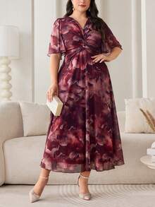 SHEIN CURVE+ 大码女式印花扭结前襟短袖优雅中长连衣裙 - 彩色 - 查看 6