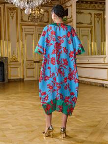 LOTSLUV فستان نسائي أنيق بتصميم كتل اللون والزهور بياقة على شكل حرف V وأكمام قصيرة فضفاض بحافة غير متماثلة طول الركبة باللون الأزرق والأخضر والأحمر - البحيرة الزرقاء - مشاهدة 2