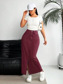 EMERY ROSE Chân váy xẻ tà bằng vải denim mài bạc màu kiểu dáng thường ngày - Màu Đỏ Sâu - Xem 5