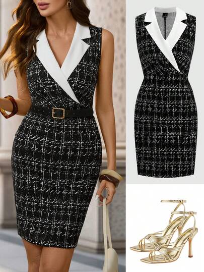 Ellevyn Vestido ajustado clásico negro con textura elástica y estampado elegante para mujer, con cintura ceñida y ajuste delgado, vestido funda con cuello de blazer versátil