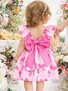 SHEIN Baby Girl Cute Casual Vacation Pink Bow Decor Short Sleeve Dress - Hot Pink - View 1