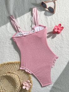 Swim MOD 连体泳衣，波浪纹理面料，随机印花，花卉肩带饰边，性感抹胸设计，适合春夏度假 - 粉色 - 查看 4