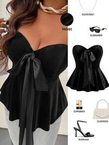 Femmeverse 深V领丝绒缎面抹胸吊带背心 - 黑色 - 查看 1