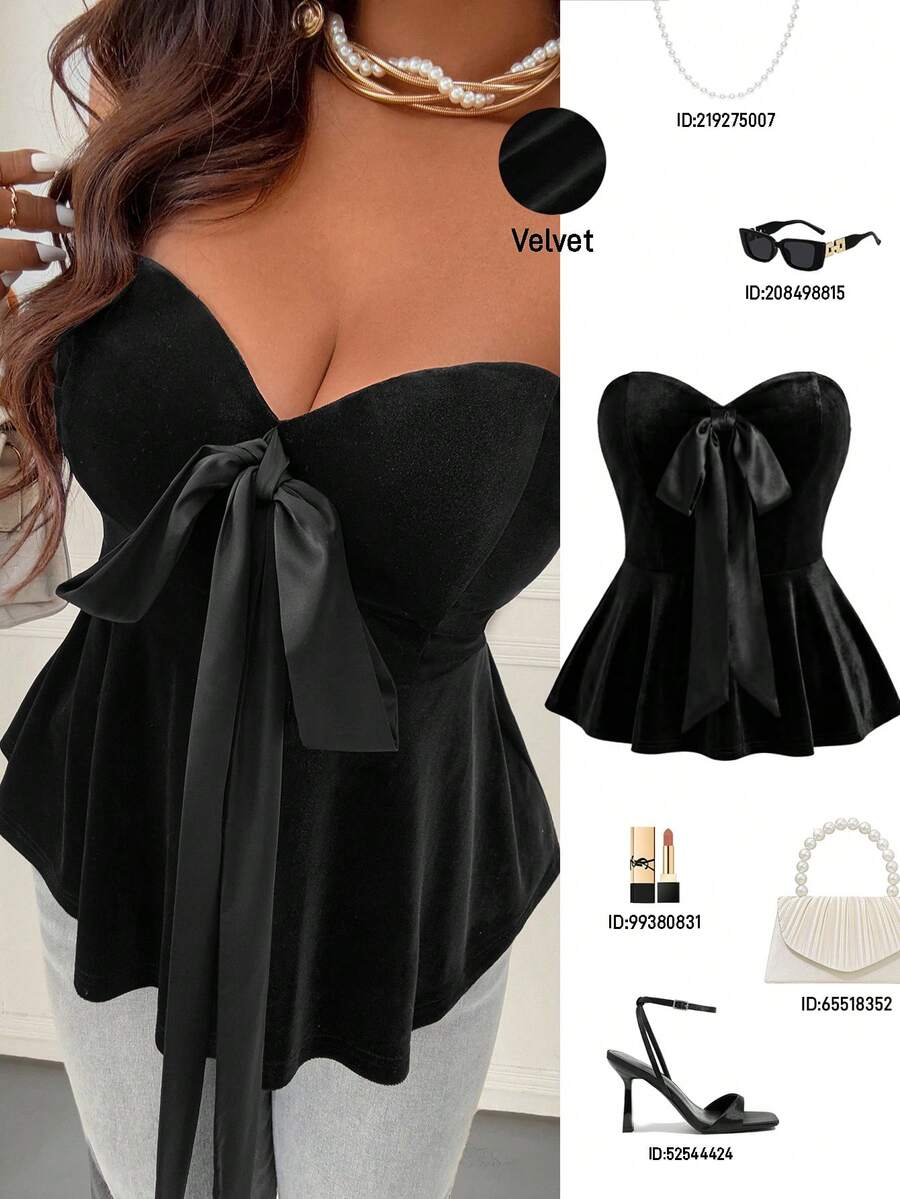 Femmeverse 深V领丝绒缎面抹胸吊带背心 - 黑色 - 查看 1