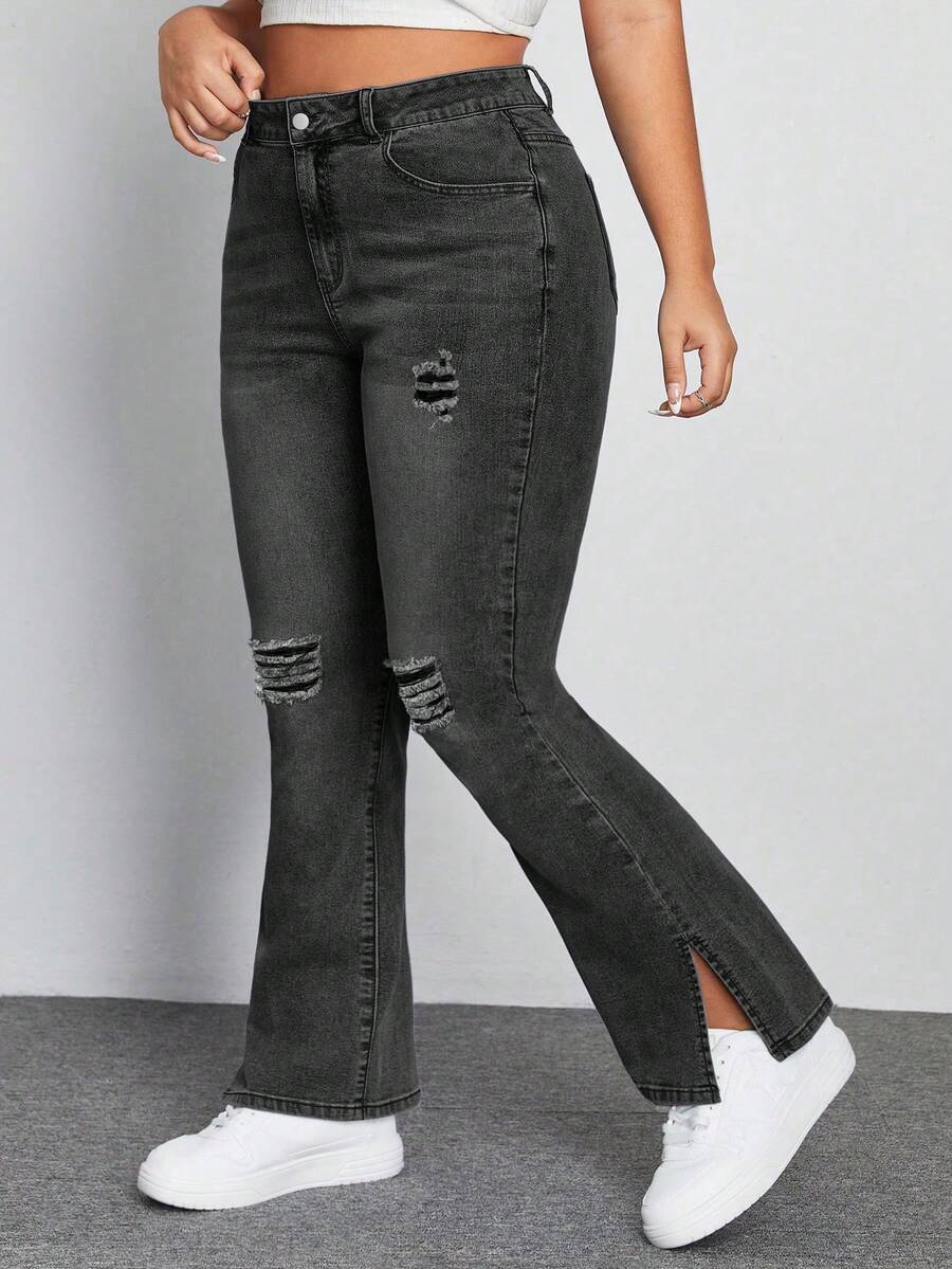 SHEIN ICON Pantalones acampanados de mezclilla negra elástica de talla grande con agujeros rotos y diseño de abertura - Gris Oscuro - Ver 1