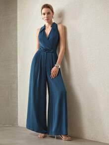 MOTF PREMIUM ELEGANT MINIMALIST WIDE LEG JUMPSUIT, SUITABLE FOR COMMUTING, SPRING/SUMMER - Teal Blue - View 5