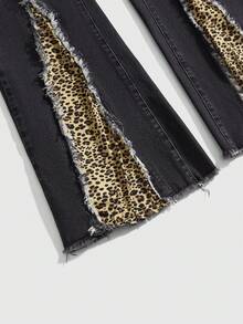 ROMWE Grunge Punk Jeans acampanados de talla grande para mujer con estampado de leopardo en parches y dobladillo deshilachado - Multicolor - Ver 4
