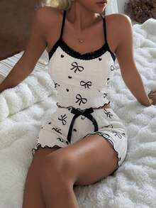 SHEIN Cartoon Bow & Heart Print V-Back Contrast Lace Slim Fit Women Pajama Set - Baby Pink - View 2