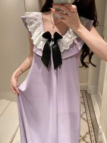 DAZY Romantic Contrast Color Bow Layered Ruffle Collar Sleeveless Long Women Nightgown - Purple - View 4