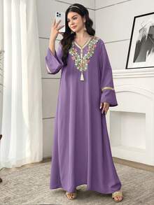 SHEIN 少女编织拼接提花面料流苏边休闲连衣裙 - 紫色 - 查看 5