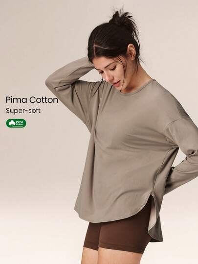 GLOWMODE تي شيرت قطن بيما بأكمام طويلة مقطوعة منحنية وذيل مستدير للاستخدام اليومي الكاجوال