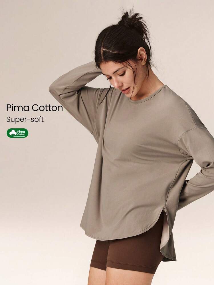 Pima Cotton Oversized Long Sleeve Curved Slit Hem Round Neck Tee Daily Casual