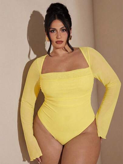 SHEIN BAE Plus Size Women's Elegant Eggplant Purple Long Sleeve Bodysuit, Autumn/Winter