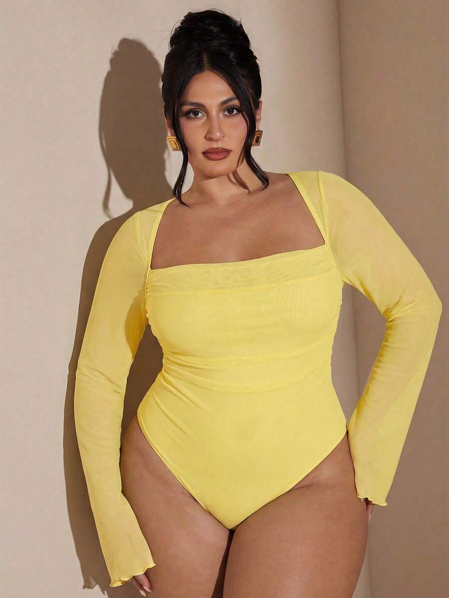 SHEIN BAE 大码女士优雅茄紫色长袖连体衣，秋冬季 - 黃色 - 查看 1