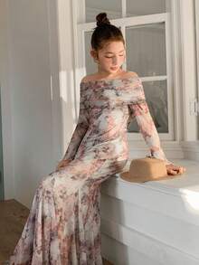 DAZY Tween Girl Open Shoulder Floral Print Elegant Sweet Party Cocktail Dress With Sheer Flare Sleeves Spring - Multicolor - View 6