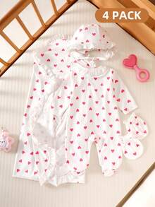 SHEIN 新生女婴粉色系列春季双面提花连体裤套装（含帽子和手套）礼盒 - 白色 - 查看 2