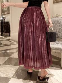 DAZY Women's Elastic Waist Elegant Lace Patchwork Pleated Maxi Skirt - Burgundy - View 4