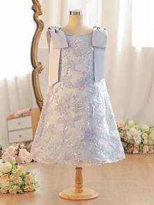 SHEIN Tween女孩編織純色3D花卉網紗休閒洋裝，幻彩Tween女孩洋裝，Tween女孩3D花卉網紗洋裝，馬卡龍色系Tween女孩洋裝，優雅洋裝，Tween女孩 - 藍色 - 查看 10