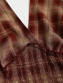 Sweetra Retro American Romantic Girly Chic Innocent Princess Casual Millennium Collegiate Music Festival Date Vacation Party Shirred Cinched Waist Backless Tie Bow Ruffle Hem Plaid Puff Mini Dress, Spring/Summer/Autumn - Red - View 7