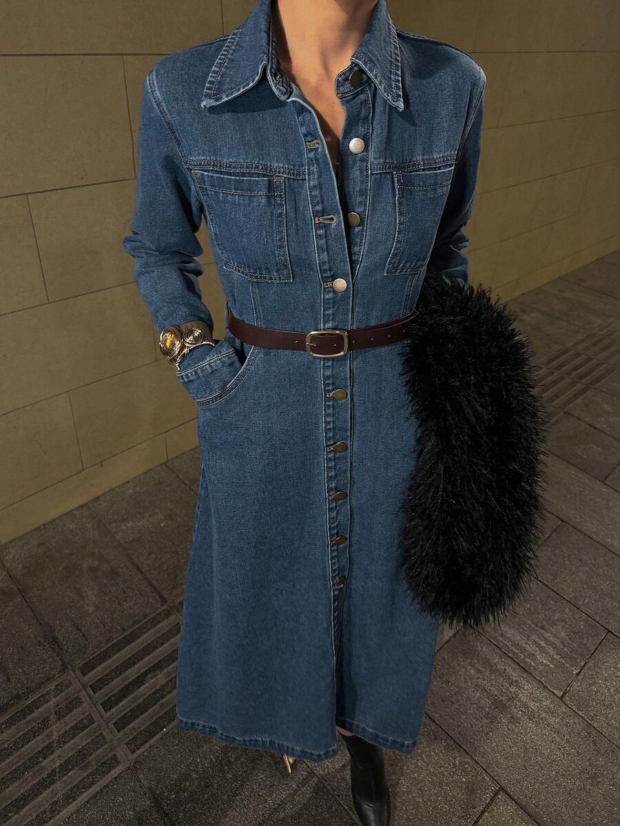 DAZY Women's Long Sleeve Fashionable Front Button Down Long Denim Dress, Casual Everyday Wear - Dark Wash - View 1