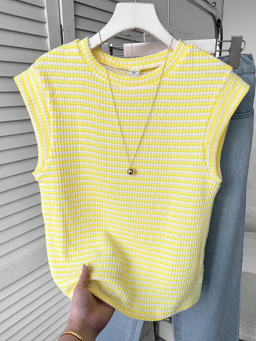 SHEIN 少女条纹圆领短袖休闲T恤,简约休闲装 - 黃色 - 查看 1