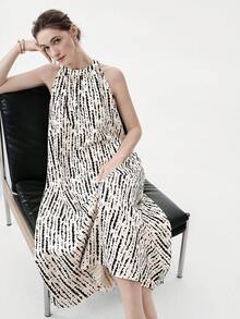 Aalyst Women's Tie-Dye Pattern Fashionable Pleated Halter Midi Dress - Apricot - View 7