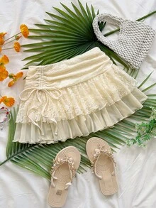 Soleia WYWH Women's Super Low Waist Lace Mesh Double Ruffle Tie Slit Maxi Skirt, Vacation - Light Yellow - View 1