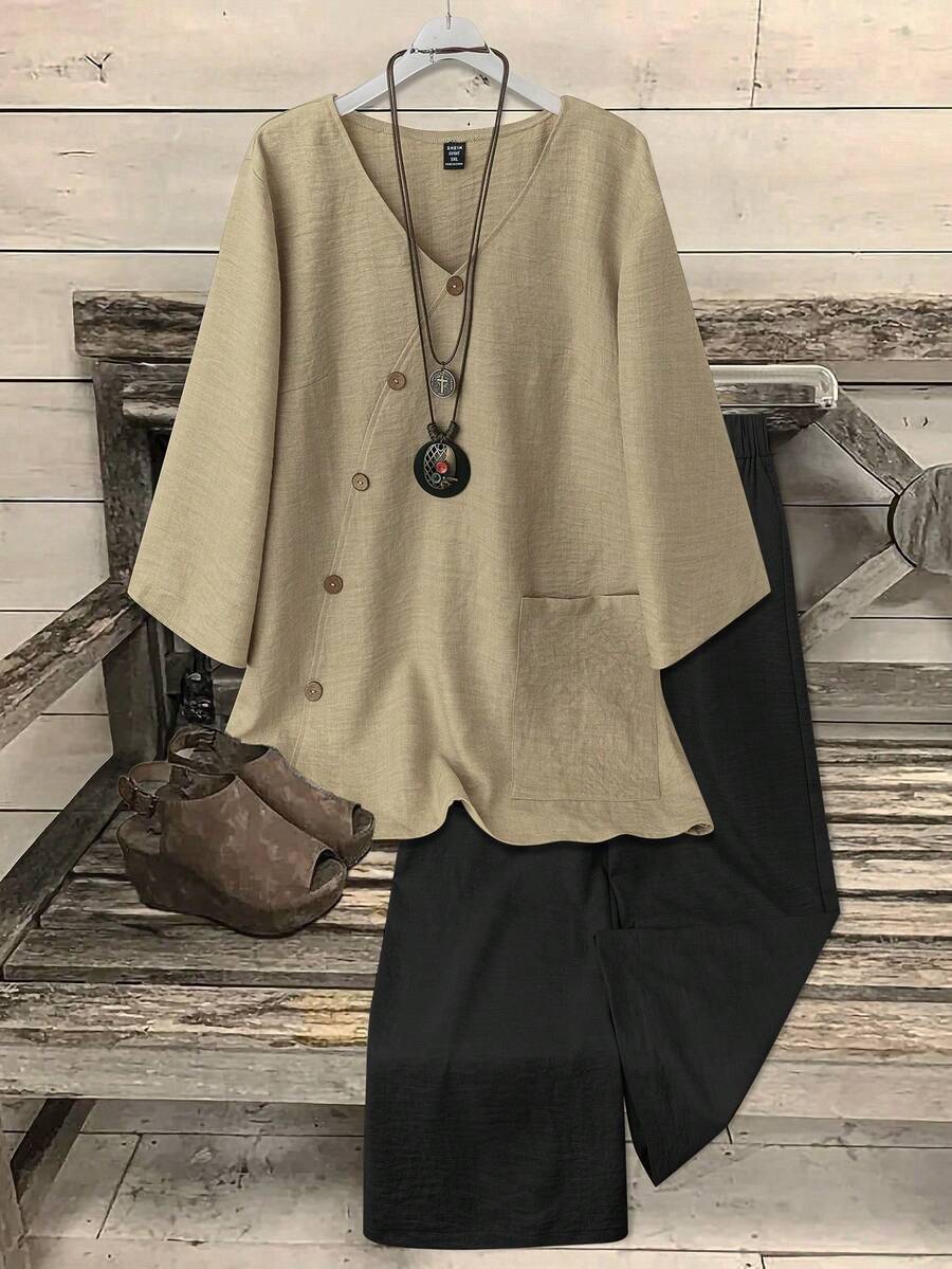EMERY ROSE Standard Size Women V-Neck Coconut Button Decor 3/4 Sleeve Top + Solid Color Straight Leg Pants 2 Pieces Casual Commuter Set - Multicolor - View 1