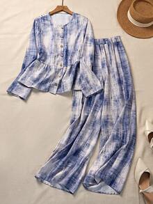 Louniche Blue Tie-Dye Textured 2 Pieces Set, Artistic Patterned Top And Relaxed Fit Pants, Casual And Commuter Outfit For Spring/Summer - Blue - View 1