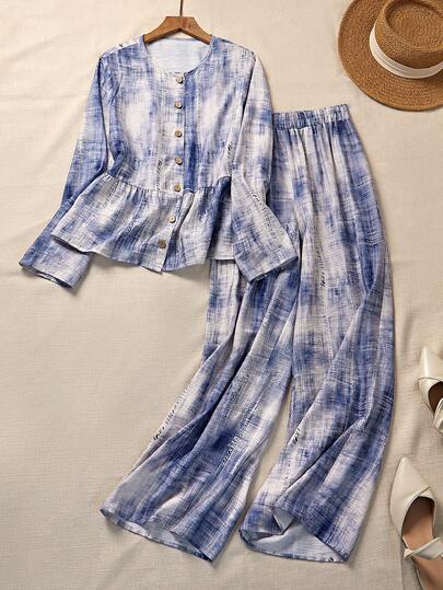 Louniche Blue Tie-Dye Textured 2 Pieces Set, Artistic Patterned Top And Relaxed Fit Pants, Casual And Commuter Outfit For Spring/Summer