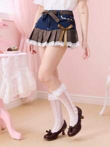 ROMWE Kawaii 女士波点撞色蕾丝边饰腰带褶裥牛仔迷你裙 - 深色水洗藍 - 查看 6