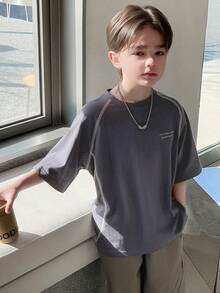 青少年男童标语印花圆领插肩短袖休闲宽松T恤 夏季 - 灰色 - 查看 7