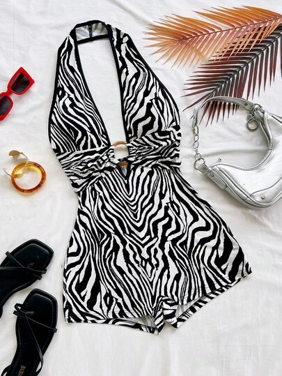 Soleia Women's White Textured Knit Backless Jumpsuit With Round Ring Decor, Elegant For Halloween, Christmas, Vacation, Sexy