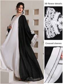 Al Najma Women's Floral Embroidery Pattern Casual Versatile Daily Wear Arabic Style Flare Sleeve Robe - Black - View 2