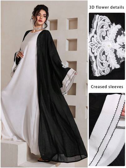 Al Najma Women's Floral Embroidery Pattern Casual Versatile Daily Wear Arabic Style Flare Sleeve Robe