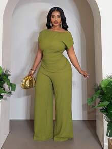 Veslaya 2026春夏大码女装新款音乐节、复活节、西部风、游牧风、生日派对、毕业典礼、大学、学生、日常休闲、基础款、休闲、度假、邮轮旅行、海滩、日光浴、爆款、街头风、婚礼宾客波西米亚风、通勤、早午餐、机场、派对、假日郊游、优雅晚宴、舞会、休闲、高端优雅绿色不对称单肩收腰不对称下摆阔腿裤套装两件套 - 綠色 - 查看 5