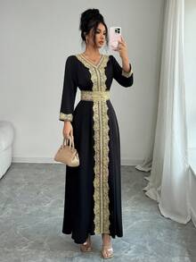 Rafferiza Đầm dài nữ phối màu tương phản thanh lịch với họa tiết thêu, thích hợp cho mùa xuân. - màu đen - Xem 6