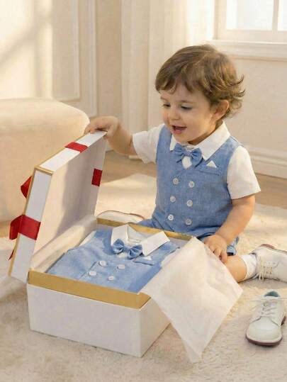 SHEIN 男婴绅士风三件套服装：蓝色背心外套、松紧腰短裤、领结衬衫，适合生日派对、锐舞派对、晚宴、演出、婚礼、迎婴派对、一周岁生日庆祝等场合。