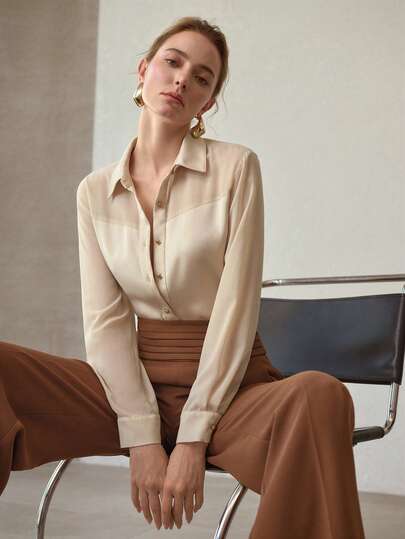 MOTF PREMIUM Camisa de panel transparente elegante y minimalista de patchwork de satén, primavera/verano