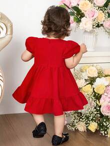 Baby Girl Casual 3D Floral Decor Round Neck Puff Sleeve Ruffle Hem Babydoll Dress, Red, Spring/Summer - Red - View 2
