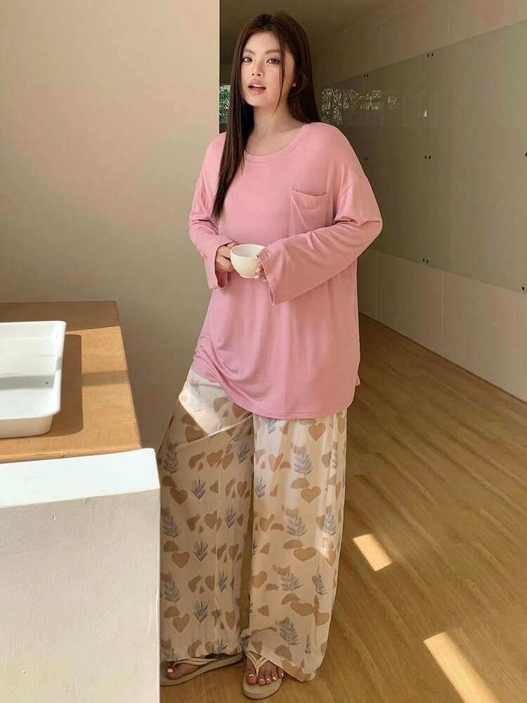 Dazy Plus Plus Size Women Solid Color Round Neck Long Sleeve Top And Wide Leg Pants Casual Loungewear Set