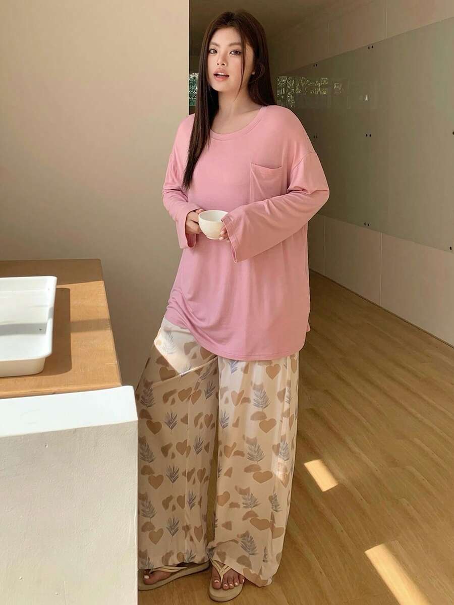 Dazy Plus 大尺碼女款純色圓領長袖上衣與寬腿褲休閒居家服睡衣套裝 - 粉色 - 查看 1