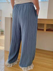 Dazy Plus Quần pajama ống dài suông rộng rãi, cạp chun, phối ren hoa, dễ thương. - Màu xanh lam - Xem 7