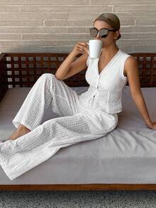 DAZY Bohemian Style Embroidered Jacquard Fabric Women Pajama Set - White - View 9