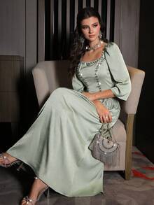Layrah Handmade Rhinestone Beaded Square Neck Puff Sleeve Arabic Style Dress - Green - View 7