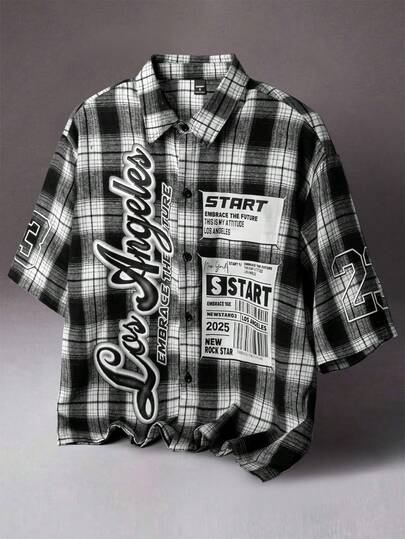 STYNVO Cămașă bărbătească în carouri cu imprimeu de litere, mânecă scurtă, cu nasturi în față și evazat (model în carouri asortat aleatoriu)