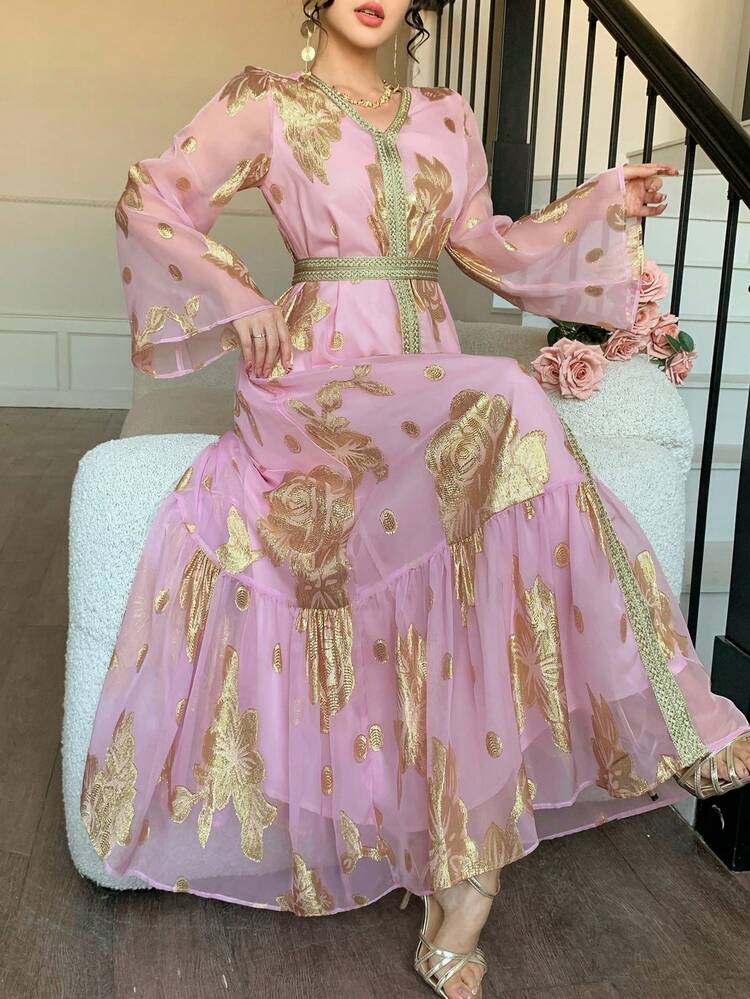 Women's V-Neck Color Block Waist Belt Waist Cinched Bohemian Elegant Palace Style Dress Sundress